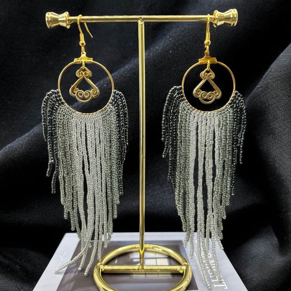 Handmade Gold Tone Seed Beaded Fringe Tassel Bohemian Statement Earrings